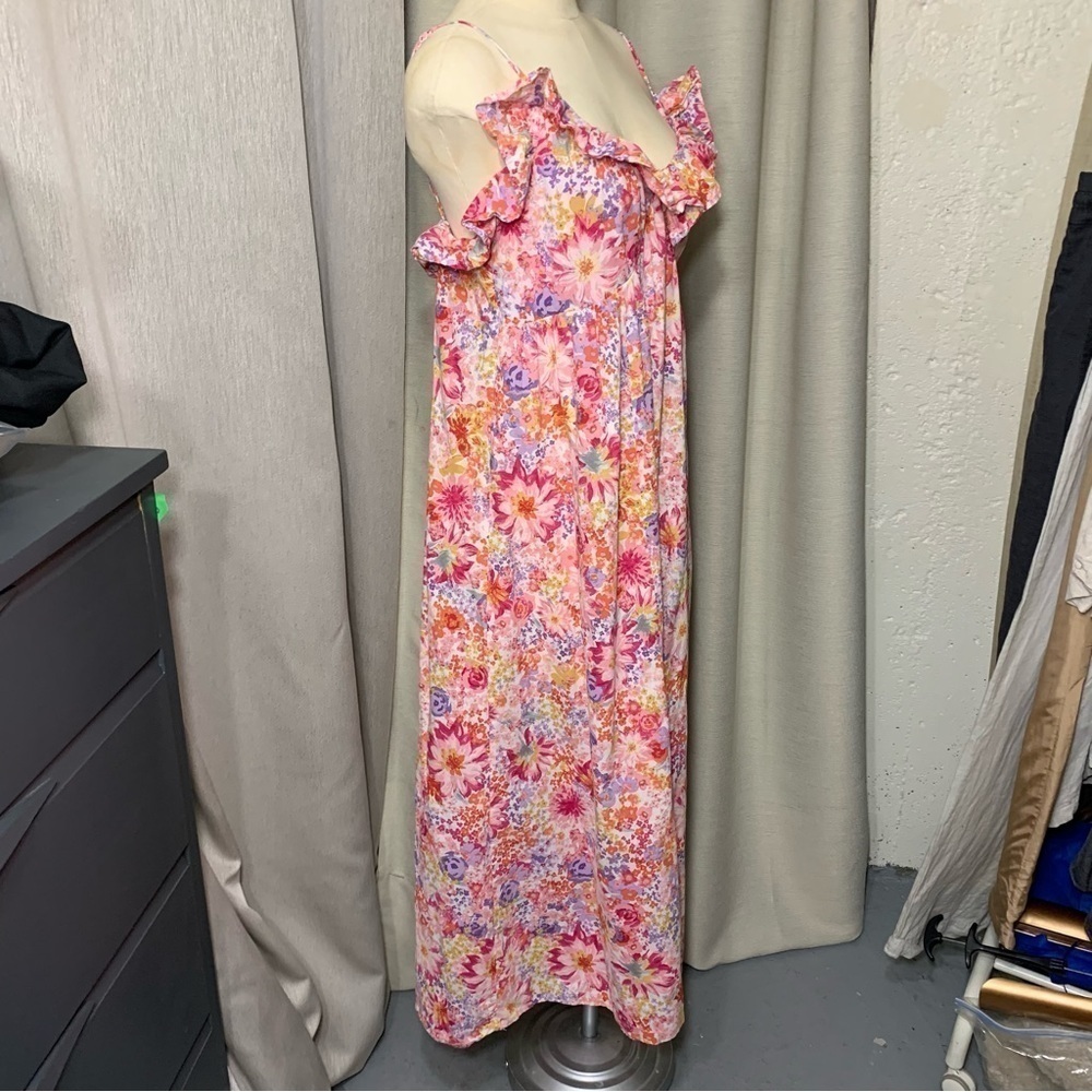 Floral Maxi Dress Pink Sz M Colorful Cotton Ruffle Neckline Boho Prairie - Picture 9 of 13